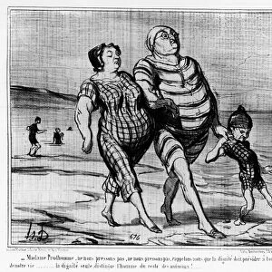 At the sea baths: Parisian family walking on a beach - by Daumier