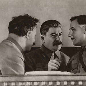 Sergo Ordzhonikidze, Joseph Stalin and Kliment Voroshilov, Soviet politicians (b / w photo)