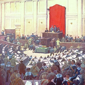 The only session of the All-Russian Constituent Assembly held in Petrograd on 18th January 1918 (colour litho)
