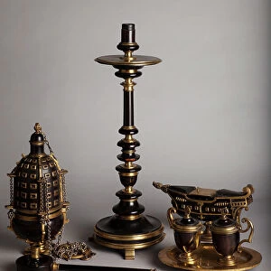 Set with a candlestick, thurible, wine cans, situla and aspergillum. Ebony wood and bronze. Liturgy set of the catafalque of the dukes of Pastrana. Before 1626