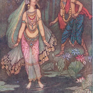 Shantanu meets the goddess Ganga (colour litho)