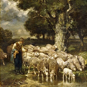 A Shepherd tending his Flock, (oil on canvas)