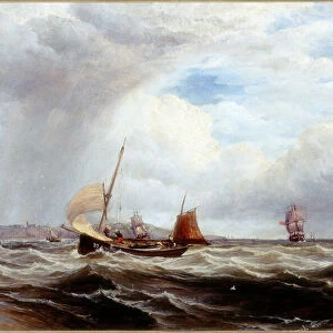 Ships and Fishing Boats in Rough Seas (oil on panel)