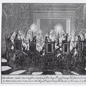 The Signing of the Treaty of Utrecht on 11th April 1713 (engraving) (b&w photo)