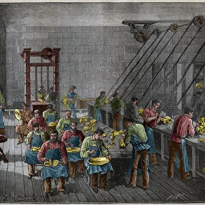 Silverware workshop in France in the 19th century. Engraving from 1885 in "