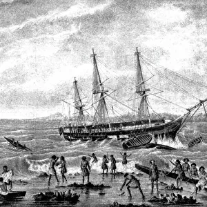 Sinking of L'Astrolabe; Tonga archipelago, 1826-1829 (engraving)