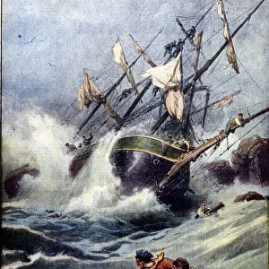 Sinking of a Russian 4-masted ship near the English coast, 1913. Illustration by Beltrame