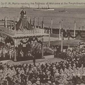Sir Pherozeshah Mehta, President of the Bombay Municipality, reading the address of welcome to King George V and Queen Mary on their visit to India to attend the Delhi Durbar, 1911 (b / w photo)
