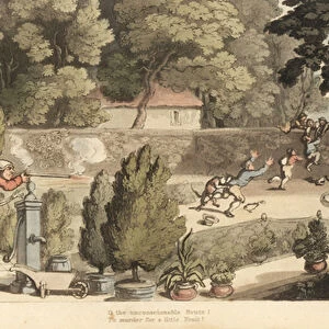 The skeleton of Death helps a landowner take aim with a musket at boys poaching in his garden trying to flee over a wall. Handcoloured copperplate drawn and engraved by Thomas Rowlandson from The English Dance of Death, Ackermann, London, 1816