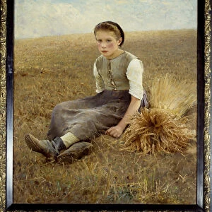 A small Swedish peasant sitting on hay. Painting by Hugo Salmson (1844-1894) 1886 Sun
