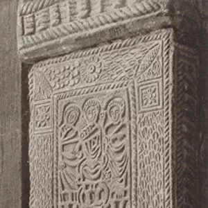 Spain: Door-post of the chapel of St Miguel de Lino near Oviedo, erected by Ramiro I about 845 (b / w photo)