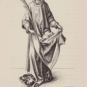 St Stephen carrying a martyrs palm frond and the stones used in his martyrdom (engraving)