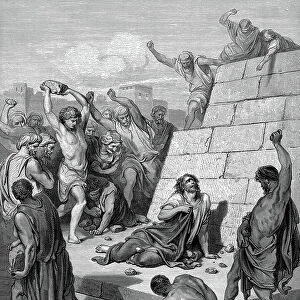 St Stephen, the first Christian martyr, found guilty of blasphemy by the Sanhedrin, supreme council of the Jews and stoned to death. Acts 7. 57. Illustration by Gustave Dore (1832-1883) French artist and illustrator for The Bible (London 1866)