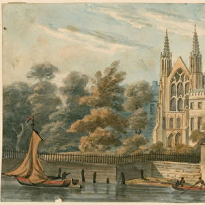 St Stephens Chapel, Speakers House, etc, Westminster, London, from the River Thames (coloured engraving)