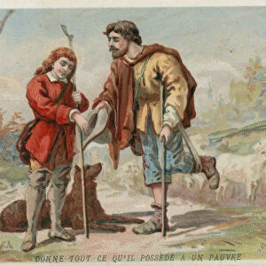 St Vincent de Paul as a child, giving all his money to a poor man (chromolitho)