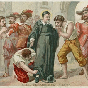 St Vincent de Paul takes the irons of a convict (chromolitho)
