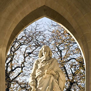 Statue of Blaise Pascal (1623-1662), philosopher, French scientist, marble sculpture by Pierre Jules Cavelier (1814-1894), erigee at the bottom of the Saint Jacques Tower in Paris. Photography, KIM Youngtae, Paris