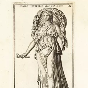 Statue of Roman moon goddess Luna holding a torch. 1779 (engraving)