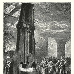 Steam-hammer at work (engraving)