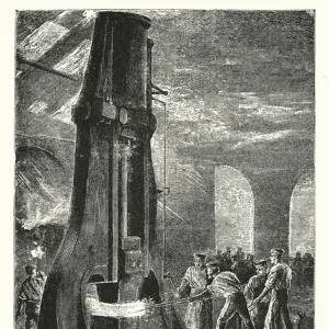 Steam-hammer at work (engraving)