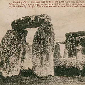 Stonehenge - Bronze Age stone circle said, in folklore, to have been erected in the reign of Aurelius Ambrosius, 490, to commemorate the defeat of the Britains by Hengist. Stones are said to have been brought from Ireland by the magic of Merlin