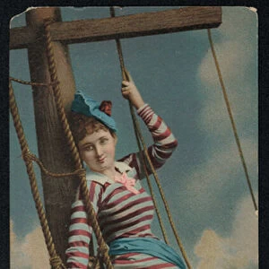 Studio shot of a woman sitting on the rigging of a ship (chromolitho)