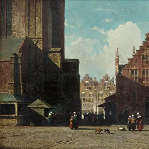 A sunlit view of the Grote Markt with the St. Bavo church and the Vleeshal, Haarlem (oil on panel)