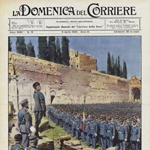 In the superb setting of the Stadium of Domitian, in Rome, the Duce held the Grand Report at 4000... (colour litho)