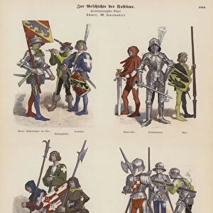 Swiss military costumes of the 15th Century (coloured engraving)