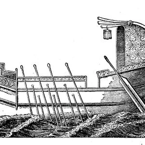 T, trireme, triple oarsman, was an oar-driven warship of antiquity