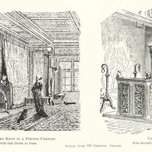 A Tapestried Room in a French Chateau; Carved Oak Seat, Late XV Century (coloured engraving)