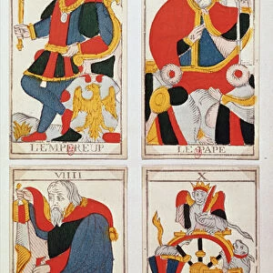 Four tarot cards depicting The Emperor, The Pope, The Hermit and The Wheel of Fortune