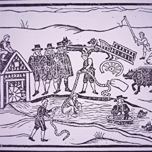 Testing witches by throwing them in a river (woodcut)