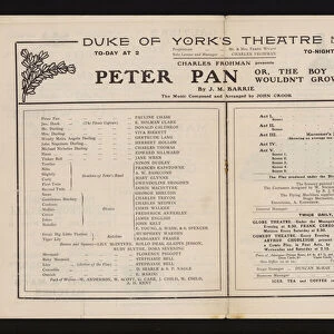 Theatre programme for a performance of Peter Pan, by J M Barrie, at the Duke of Yorks Theatre, London, 1904 (litho)
