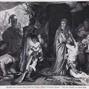 Thusnelda, daughter of the Cherusci nobleman Segestes and wife of Arminius, is handed over by her father to the Roman general Germanicus, 15 (engraving)