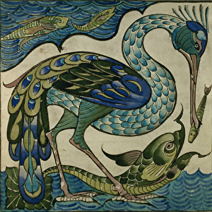 Tile design of heron and fish, by Walter Crane (1845-1915)