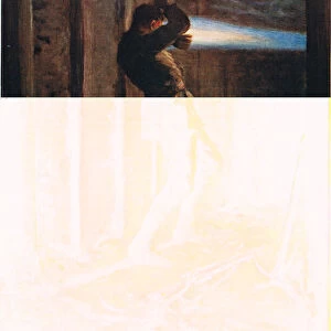 A tongue of blue flame shooting out from the enemys side of a mine gallery, and severely burning Private Bytheway, illustration from Deeds that Thrill the Empire, published by Hutchinson & Co. c. 1920 (colour litho)