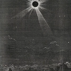 The total Eclipse of the Sun of 29 / 07 / 1878, observed on the Rocky Mountains (USA). Engraving from "Popular Astronomy"by Camille Flammarion. 1880