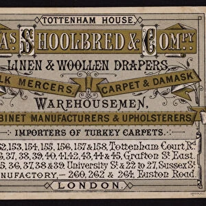 Trade card for James Shoolbred & Company, linen and woollen drapers, silk mercers, carpet and damask merchants, warehousemen, cabinet manufacturers and upholsterers, Tottenham House, Tottenham Court Road, London (colour litho)