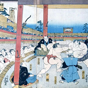 Traditional wrestling in Japan: Sumo wrestlers, (colour litho)