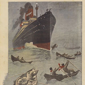 A transatlantic liner bearing down on fishing boats in the fog (colour litho)