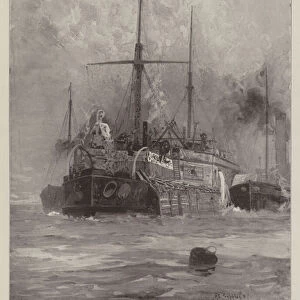 After her Trial by Fire, HMS "Belleisle"towed into Portsmouth Harbour (litho)