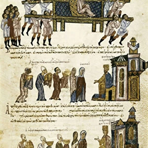 Tributes and gifts to the court of the Byzantine Emperor Basil I (811-886), fol. 213 from "Synopsis historiarum", c. 1126-1150, 12th century (illuminated manuscript)