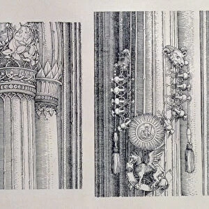 The Triumphal Arch of Emperor Maximilian I of Germany (1459-1519): two details of the central Gates of Honour and Power showing left-hand column and capital embellishments, dated 1515, pub. 1517/18 (woodcut)