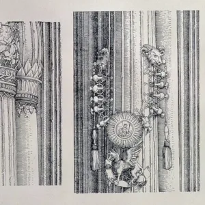 The Triumphal Arch of Emperor Maximilian I of Germany (1459-1519): two details of the central Gates of Honour and Power showing left-hand column and capital embellishments, dated 1515, pub. 1517/18 (woodcut)