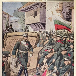 Tsar Ferdinand I (1861-1948) of Bulgaria walking over captured flags during the Balkan
