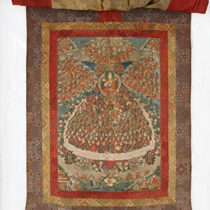 Tsong Khapa on the Jewel Tree of Refuge, late 18th-early 19th century (mineral pigments on sized cotton; Qing brocade, panel of Russian ecclesiastical fabric, silk dustcovers, and original silver caps)
