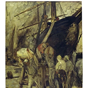Unloading the ship (oil on canvas)