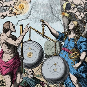 Urania, the Muse of Astronomy represented in front of Argus, holding a telescope