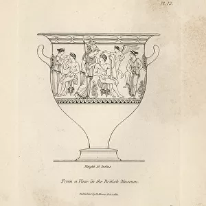 Vase decorated with mythical figures including Minerva, Hercules, Mercury, etc. from the British Museum. Copperplate engraving by Henry Moses from A Collection of Antique Vases, Altars, etc. London, 1814